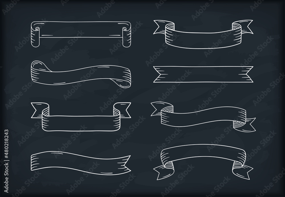 Set of white hand drawn ribbon banners on black background Set of white hand drawn ribbon banners on black background