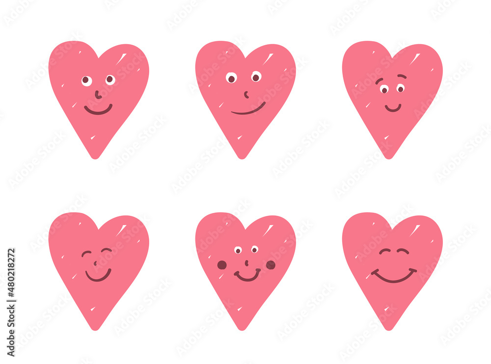 Six handdrawn smiling hearts