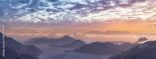 Aerial Panoramic View of Howe Sound, Islands and Canadian Mountain Landscape on the West Coast of Pacific Ocean. Located near Squamish and Vancouver, British Columbia, Canada. Winter Sunset Art Render