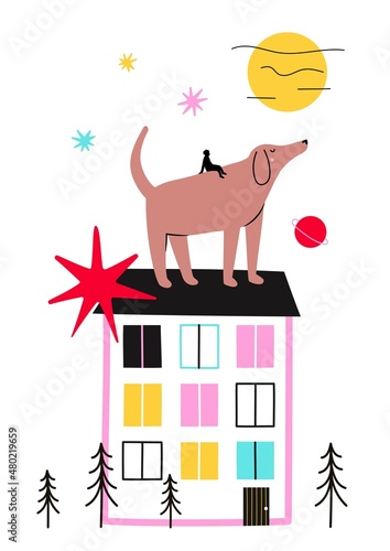 Vector illustration with man and dog on the roof of house with windows. Trendy print design with animal and stars