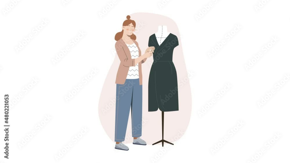 custom made wallpaper toronto digitalFashion designer video concept. Moving dressmaker woman stands next to mannequin and sews stylish dress. Smiling female character at work on costume. Graphic animated cartoon in line style