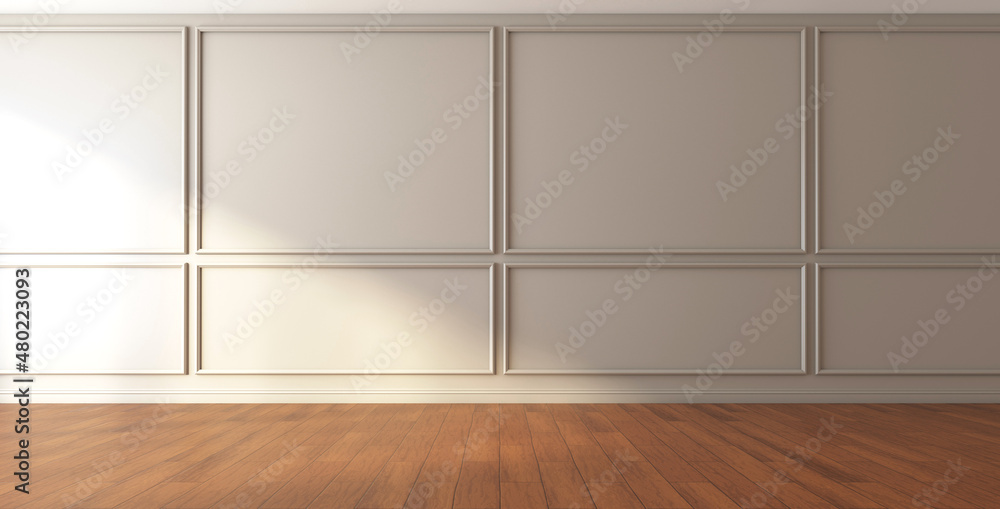 Fototapeta premium Luxury empty room with wall cornice and wood floor. 3d rendering