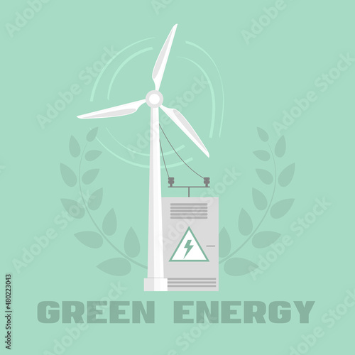Windmill with electrical substation on a green background. Using safe and sustainable energy to save the planet.  Friendly electricity. Flat illustration on square format.