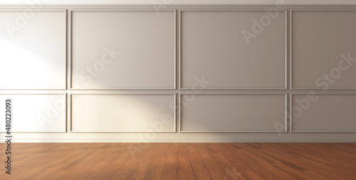 Fototapeta Naklejka Na Ścianę i Meble -  Luxury empty room with wall cornice and wood floor. 3d rendering
