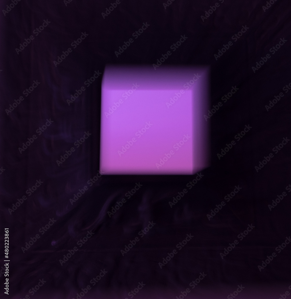 abstract image of purple cube floating in black darkness of black background  empty back room with purple light coming through window three dimensional special effect  camera  movement time exposure