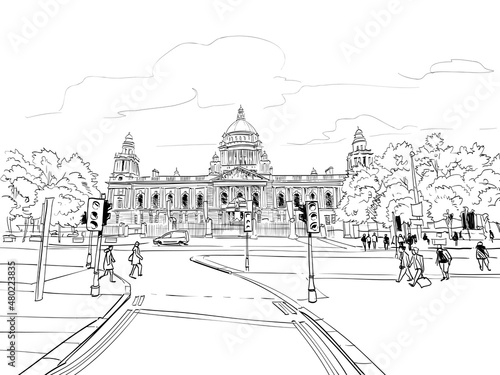 Town hall Belfast. Ireland. England. United Kingdom. Europe. Hand drawn sketch. Vector illustration.