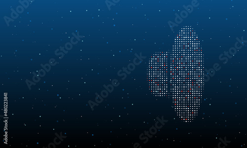 On the right is the speaker symbol filled with white dots. Background pattern from dots and circles of different shades. Vector illustration on blue background with stars