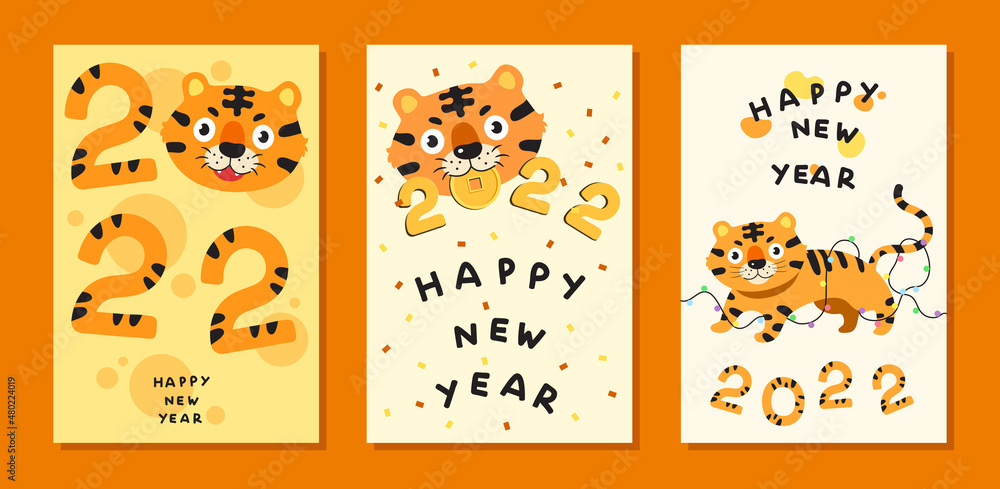 Bundle of 2022 Chinese zodiac Tiger year postcard. Set of Happy New Year greeting card for print, decoration, banner, template. Adorable tiger cartoon. 