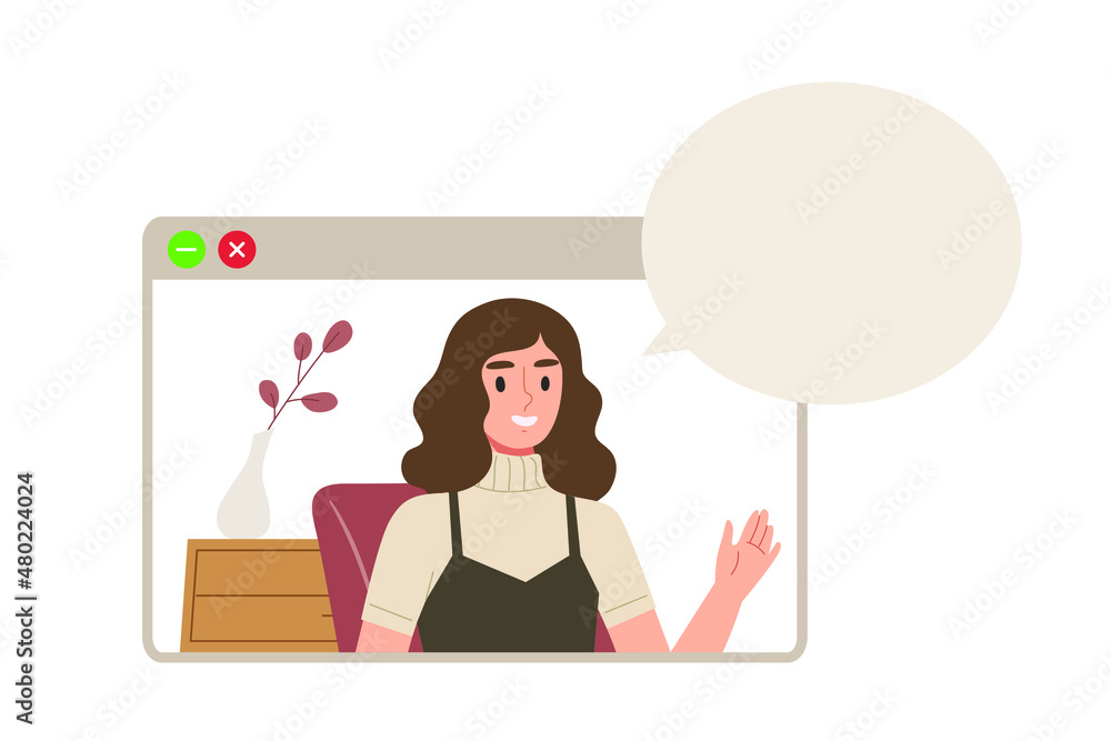 Young woman in pop up browser video conference with blank speech bubble isolated on white background. Concept of online meeting, webinar, work from home, communication. Flat vector illustration. Young woman in pop up browser video conference with blank speech bubble isolated on white background. Concept of online meeting, webinar, work from home, communication. Flat vector illustration.