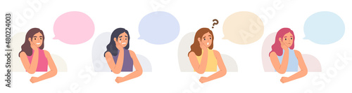 Set of young female in thinking posture with different moods and blank speech bubble. Emotional character happy, sad, curious and bored. Template cartoon for message. Flat vector illustration.