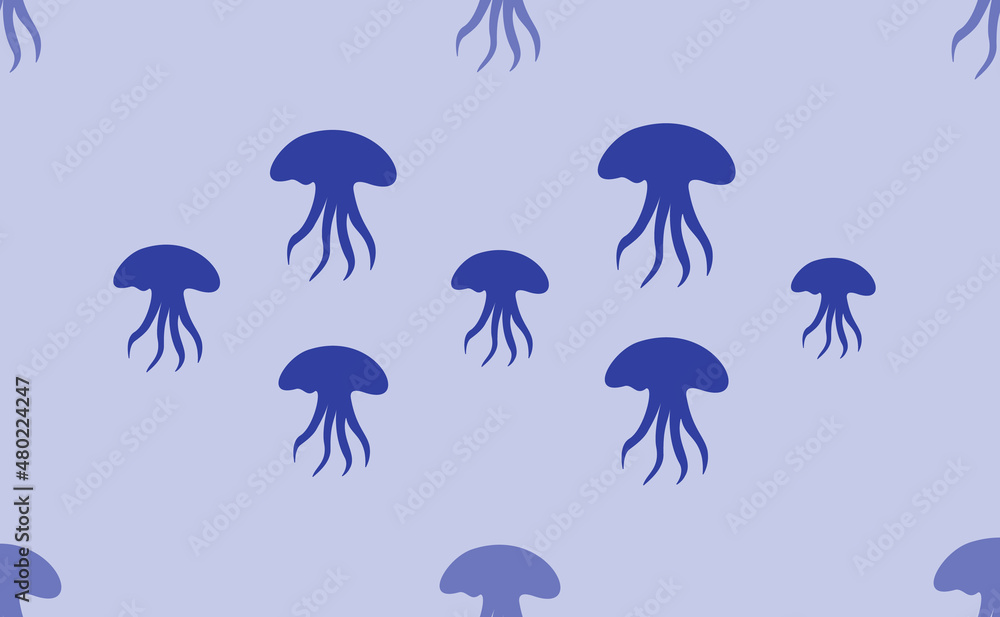 Seamless pattern of large isolated blue jellyfish symbols. The pattern is divided by a line of elements of lighter tones. Vector illustration on light blue background