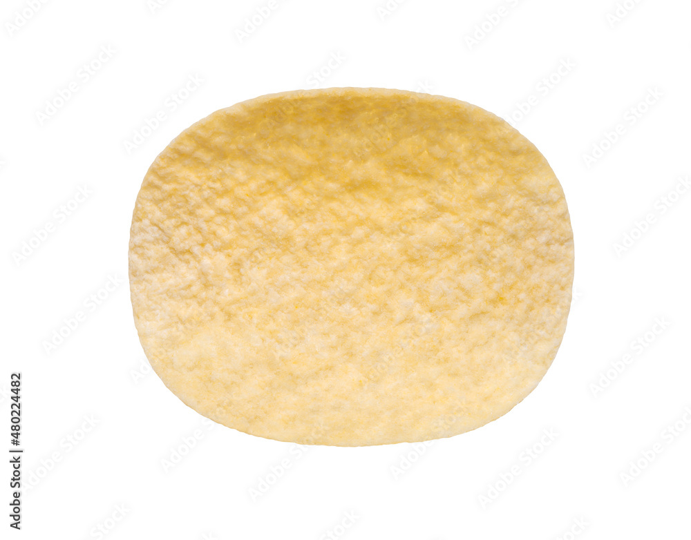 Potato chips one, isolated on white background with clipping path, element of packaging design. Full depth of field.. Potato chips one, isolated on white background with clipping path, element of packaging design. Full depth of field..