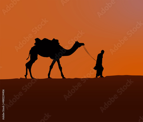 Obraz na plátně Silhouette of Camel and camel driver  in desert on sunset. Vector
