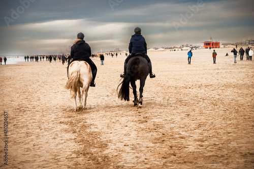 Fototapeta Naklejka Na Ścianę i Meble -  January 1, 2022, Katwijk aan Zee, The Netherlands relaxed people walking and ride horses on the beach