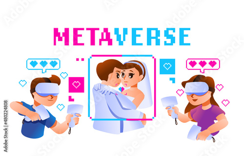 Love and Marry Relationship in Metaverse People Connect - Vector Art Concept