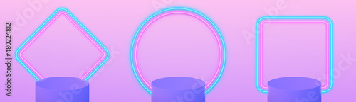 Modern realistic set with pink podium neon. 3d podium neon for game design. Abstract room. 3d render. 3d product display podium. Abstract scene background