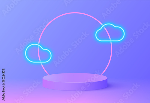 Podium neon, great design for any purposes. 3d Vector Illustration. Product presentation, mock up. Abstract scene background. Abstract light digital background. Realistic podium neon for game design