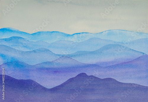ЗаголовокWatercolor drawing in blue tones, reminiscent of the landscape of the mountains.