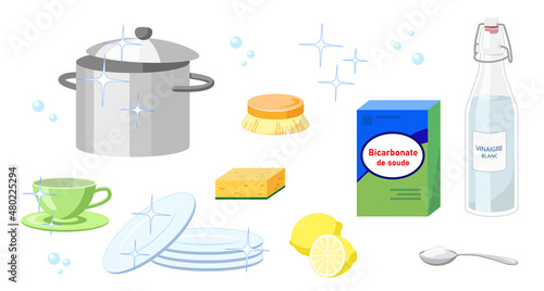 French box of baking soda - bicarbonate de soude with bottle of white vinegar - vinaigre blanc, sponge, brush, lemon for cleaning dishes and home isolated on white background vector illustration set 