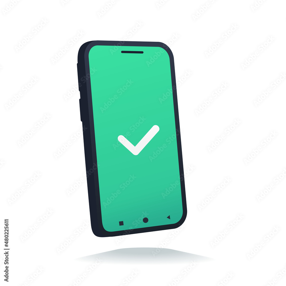Mobile phone check mark. Smartphone icon and approved confirm symbol. Vector illustration Mobile phone check mark. Smartphone icon and approved confirm symbol. Vector illustration