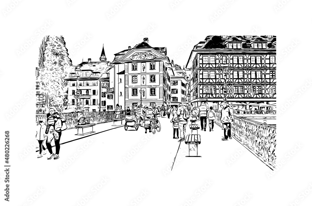 Building view with landmark of Lucerne is the 
city in Switzerland. Hand drawn sketch illustration in vector.