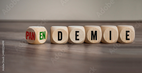 Cubes, dice or blocks with the german words for pandemic and endemic - pandemie und endemie on wooden background photo