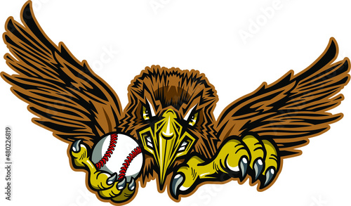  hawk mascot with wings holding baseball for team sports, school, college or league