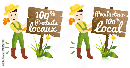 Producteur local tenant un panneau en bois : consommer local, produits locaux, bio, circuit court