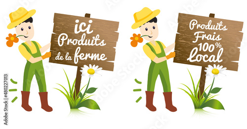 Producteur local tenant un panneau en bois : consommer local, produits locaux, produits de la ferme