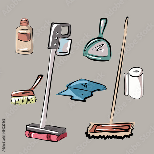 Cleanliness and order in the house, apartment. Equipment and means for cleaning, washing. Household appliances, washing machine, vacuum cleaner, bucket. Isolated vector objects.