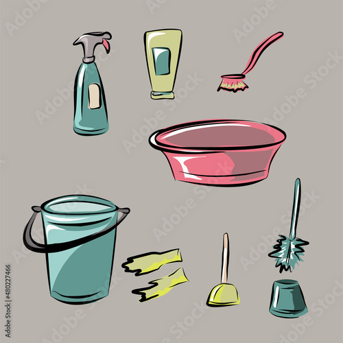 Cleanliness and order in the house, apartment. Equipment and means for cleaning, washing. Household appliances, washing machine, vacuum cleaner, bucket. Isolated vector objects.