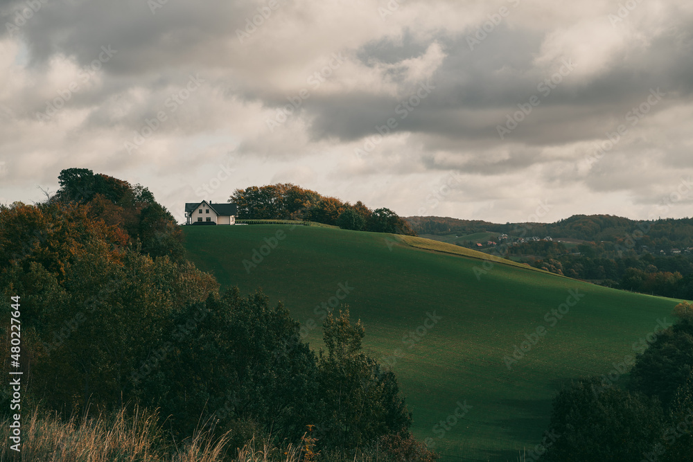 Fototapeta premium Modern house stands on the hill. Scenic landscape with home on the top of the high ground.