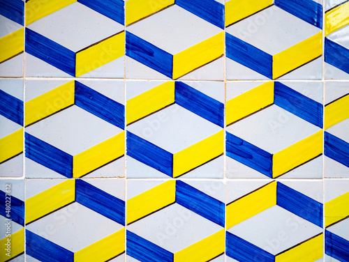 Close up of colorful Portuguese Azulejos (ceramic tiles) on a wall in Lisbon