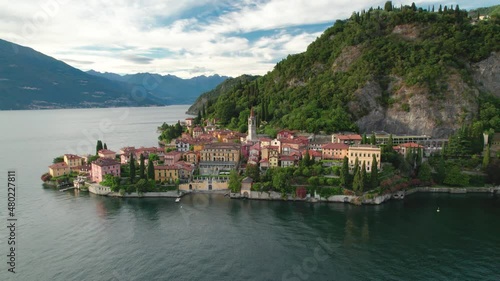 Como Lake and town of Varenna aerial view, Lombardy region of Italy