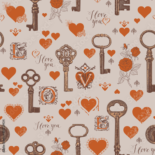 Seamless pattern on the love theme with initial letters L O V E, red hearts, roses and old bronze keys. Vector background in vintage style for valentine greeting, wallpaper, wrapping paper or fabric