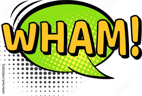 Wham sound in colored speech bubble for comic book. Vector wham bubble speech, design cartoon retro text illustration