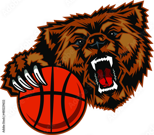 angry grizzly bear mascot with claw holding basketball for school, college or league