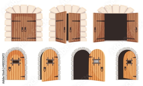 Opened and closed medieval doors, old castle gate, dungeon door. Cartoon wooden prison doorway, ancient city entrance gates vector set. Stone arch for historic palace or kingdom entry