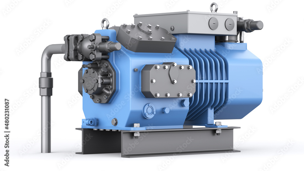 Reciprocating refrigeration compressor. Blue industrial machine with pipes and radiator. 3d illustration Reciprocating refrigeration compressor. Blue industrial machine with pipes and radiator. 3d illustration