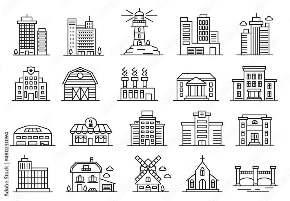 Building line icons, government house, factory, city office buildings. Residential and industrial architecture, urban buildings vector set. Apartments, plants and commercial buildings