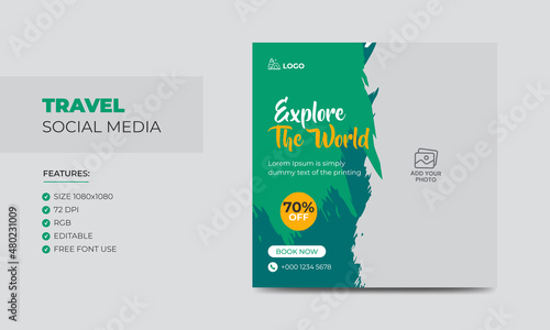 Travel and vacation square social media banner post template with brushstroke. Travel agency ads banner. Modern travel social media