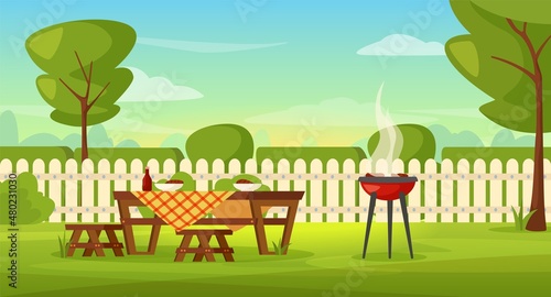 Family barbeque in house backyard with grill and picnic table. Outdoor bbq summer party in garden patio cartoon vector illustration. Lawn with furniture and equipment for meat roasting