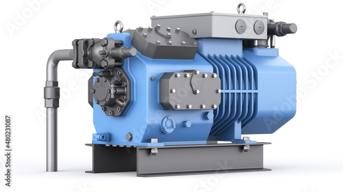 Reciprocating refrigeration compressor. Blue industrial machine with pipes and radiator. 3d illustration photo