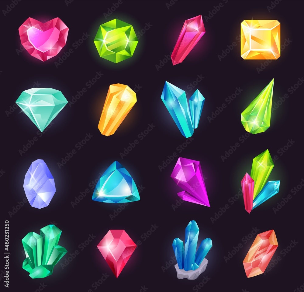 Cartoon magic crystals and precious gems, raw material gemstones. Glowing  crystal, shiny jewel stone, fantasy gemstone for game vector set. Colorful  glossy gaming elements of different forms Stock Vector | Adobe Stock