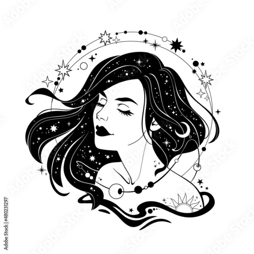 beautiful girl with long hair, decorated with stars and moon