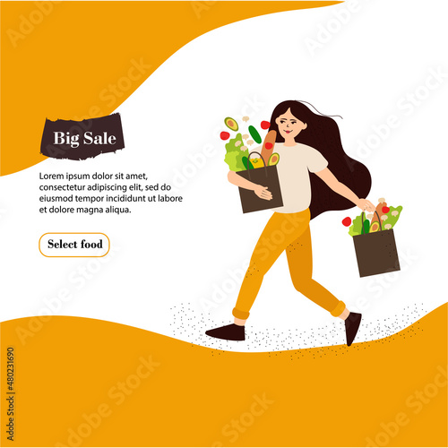 Woman at grocery store. Shopping concept. Cartoon young female making purchases. Isolated cute girl carrying bags with food products. Vector character buys fruit and vegetables in greengrocer shop