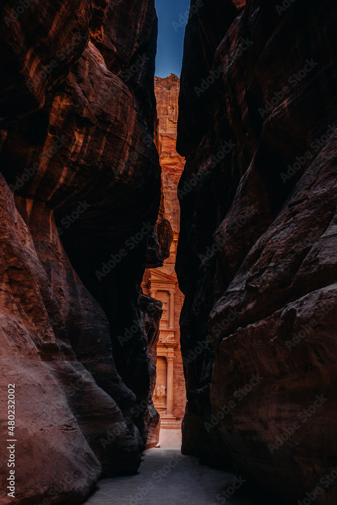 Canyon rocks in Petra in front of the treasury. Hashemite Kingdom of Jordan. Al-Khazneh or Treasury in Petra, Jordan