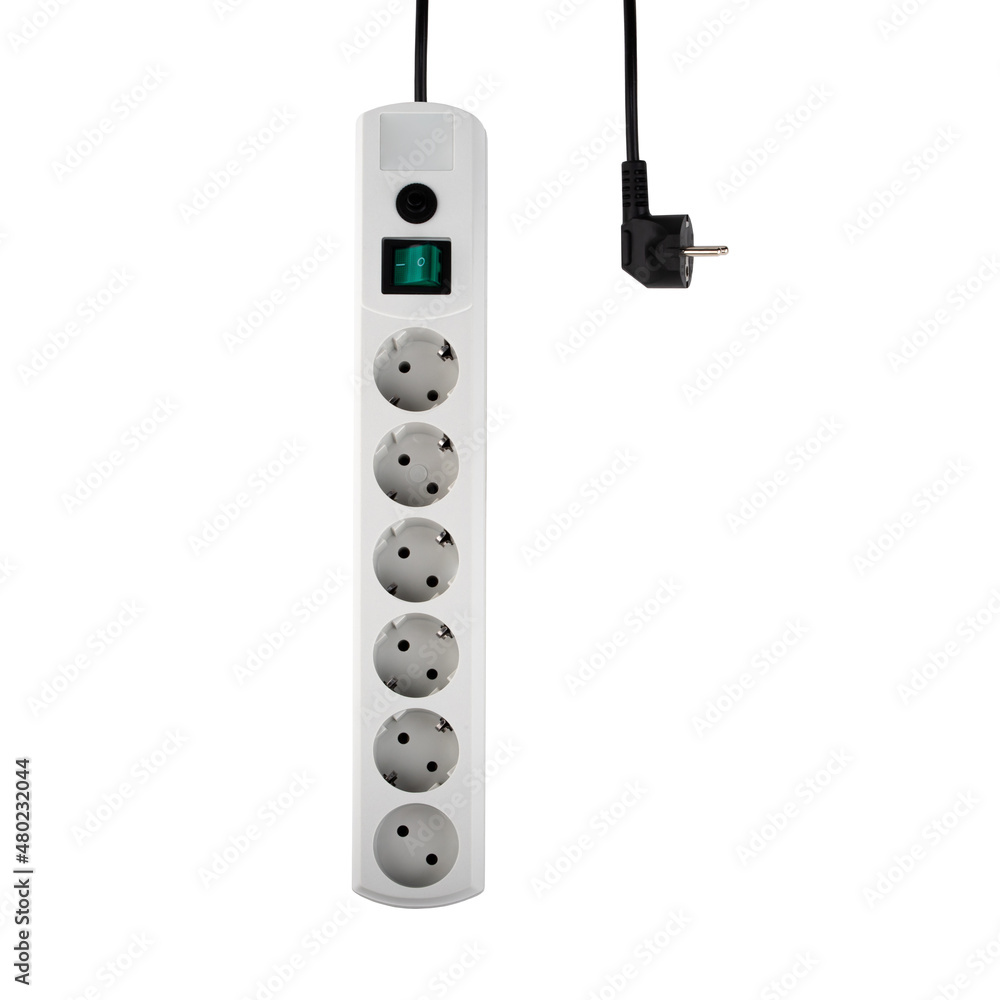 Extension cable cord isolated on white background with clipping path. Electrical white plastic power socket strip europe type. Top view, square photo. Extension cable cord isolated on white background with clipping path. Electrical white plastic power socket strip europe type. Top view, square photo.