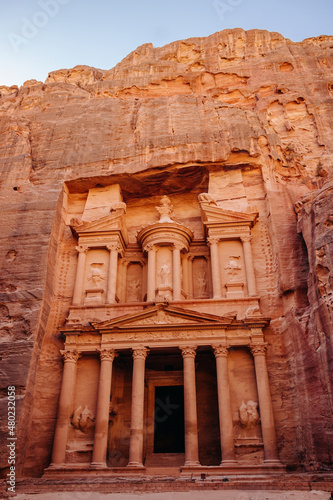 Facade of the Treasury in Petra. Hashemite Kingdom of Jordan. Al-Khazneh or Treasury in Petra, Jordan