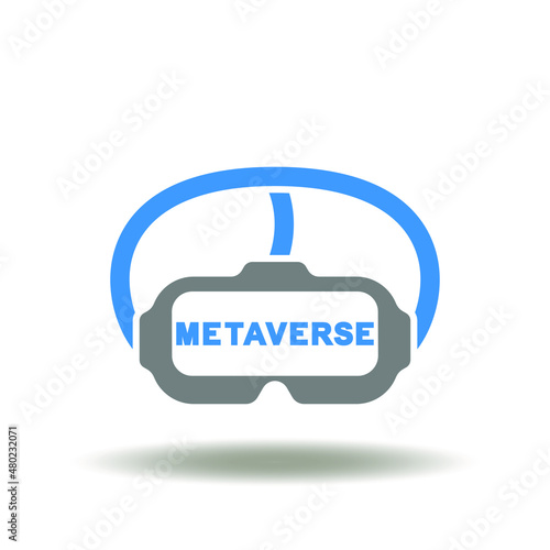 Vector illustration of vr helmet with metaverse text. Icon of meta universe glasses. Symbol of metaverse smart equipment.